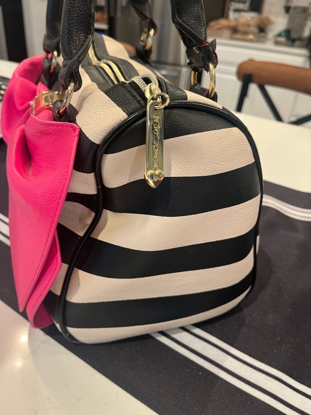 Betsey Johnson Black and Hot Pink Striped Satchel - Picture 10 of 14